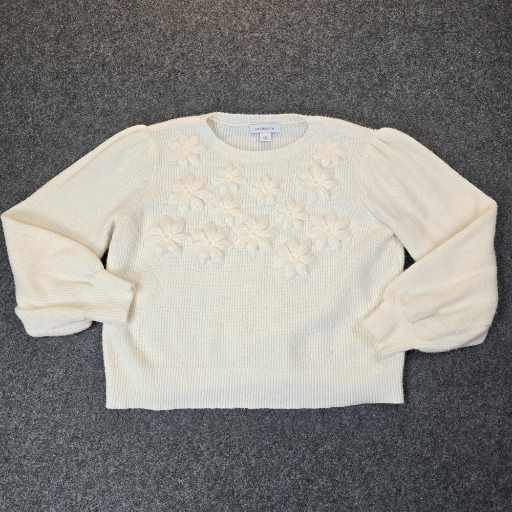 Liz Claiborne Sweater Womens XL Petite Beige Floral Tight Knit Ribbed Winter